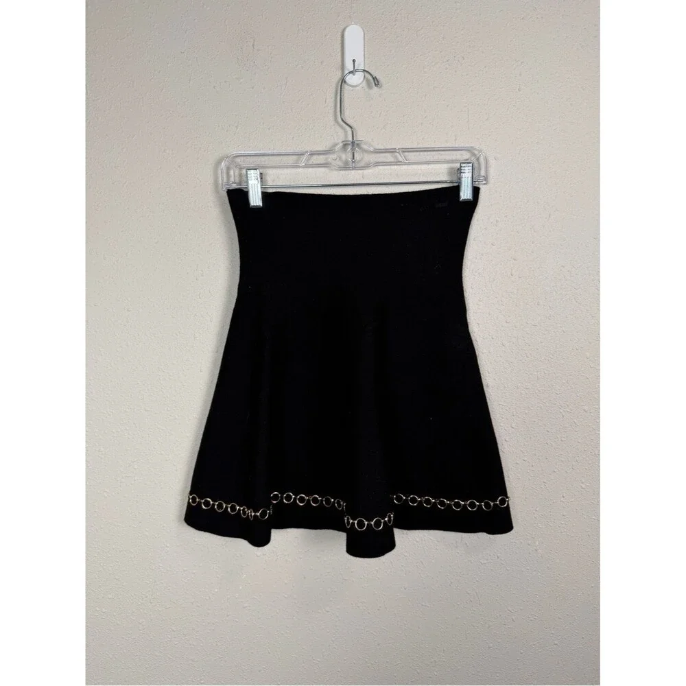 Zara Knit Black A-Line Mini Skirt Gold Chain Hem High Waist Skater Skirt Small